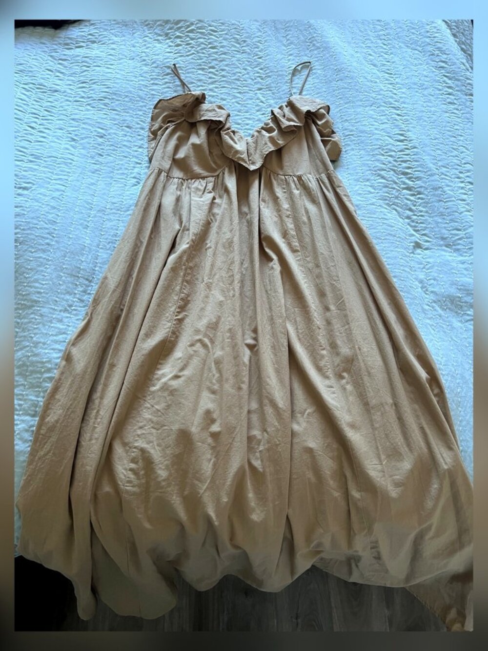 H&M Tan Ruched Puff Sleeve Midi Dress S
